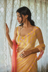 Yellow Peach Striped Chiffon Saree With Blouse (Set of Two)