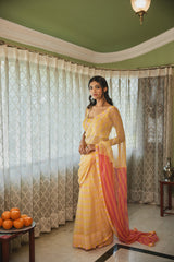 Yellow Peach Striped Chiffon Saree With Blouse (Set of Two)