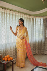 Yellow Peach Striped Chiffon Saree With Blouse (Set of Two)