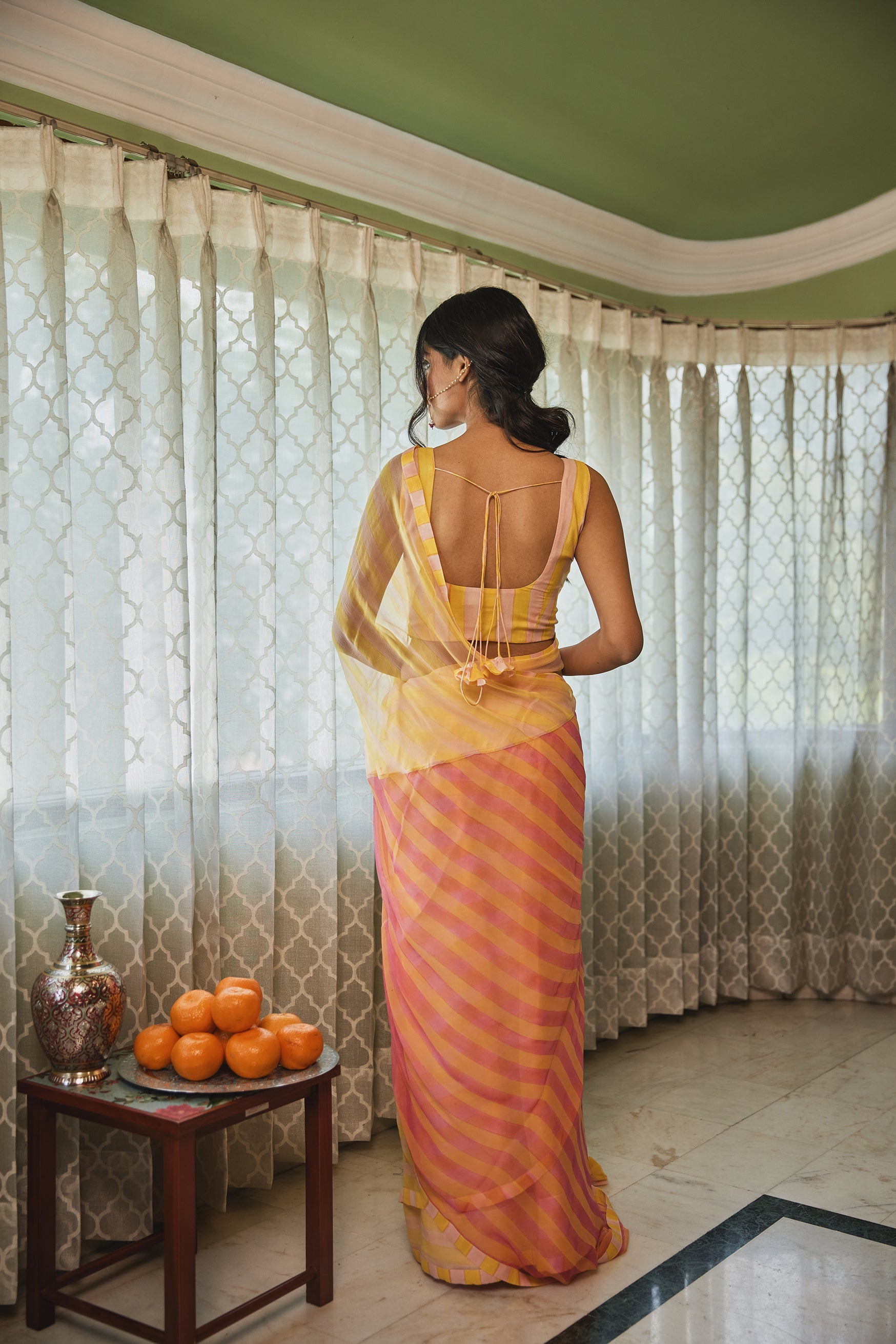 Yellow Peach Striped Chiffon Saree With Blouse (Set of Two)