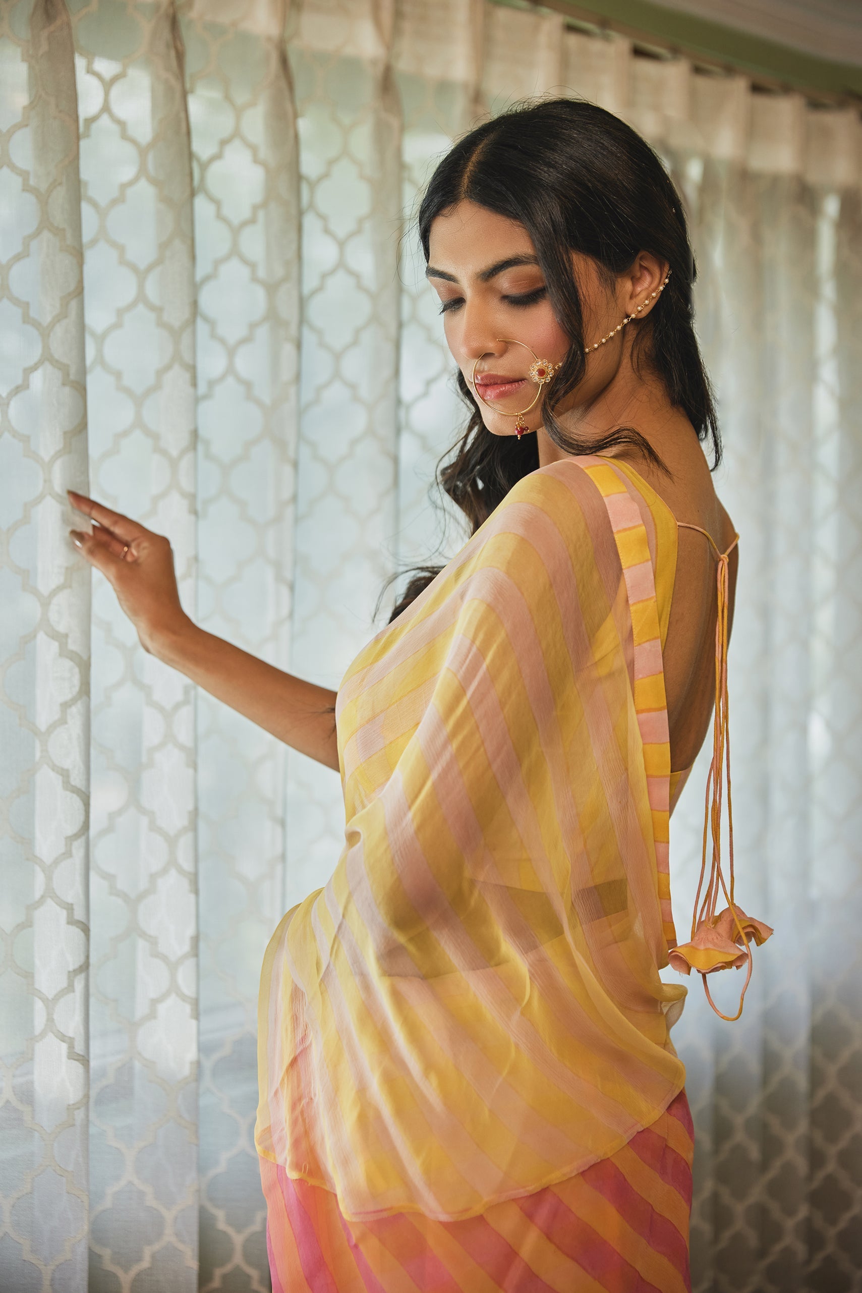 Yellow Peach Striped Chiffon Saree With Blouse (Set of Two)