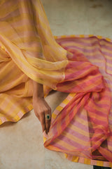 Yellow Peach Striped Chiffon Saree With Blouse (Set of Two)