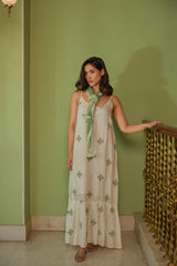 Ivory Embroidered Maxi With Chiffon Scarf (Set Of Two)