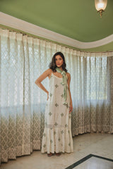 Ivory Embroidered Maxi With Chiffon Scarf (Set Of Two)