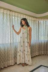 Ivory Embroidered Maxi With Chiffon Scarf (Set Of Two)