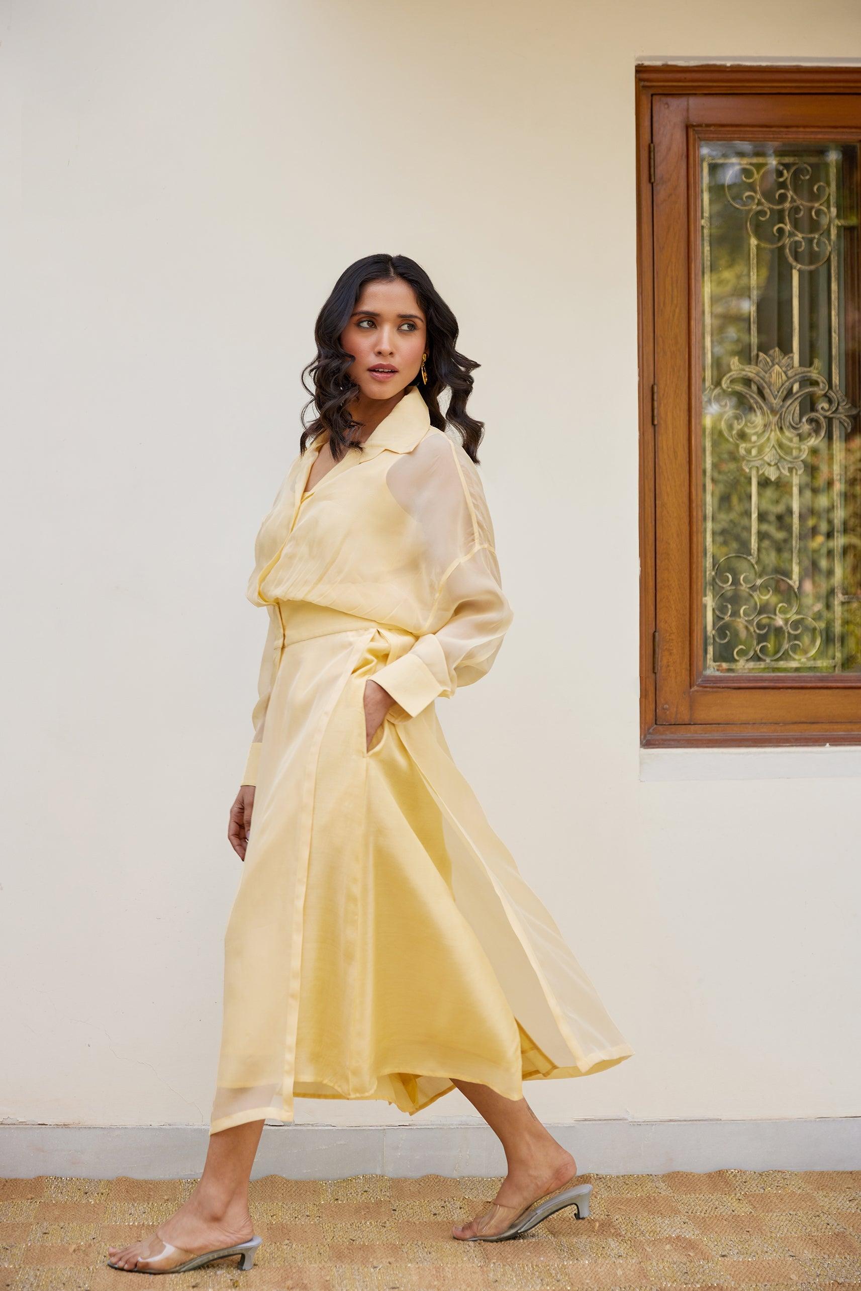 Yellow Solid Organza Jacket Set (Set of Two)