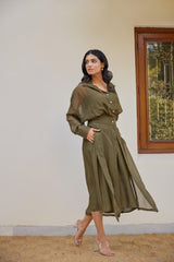 Olive Green Solid Organza Jacket Set (Set of Two)