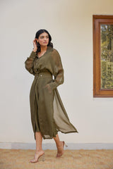 Olive Green Solid Organza Jacket Set (Set of Two)