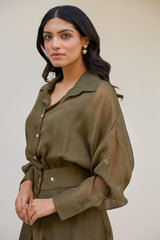 Olive Green Solid Organza Jacket Set (Set of Two)