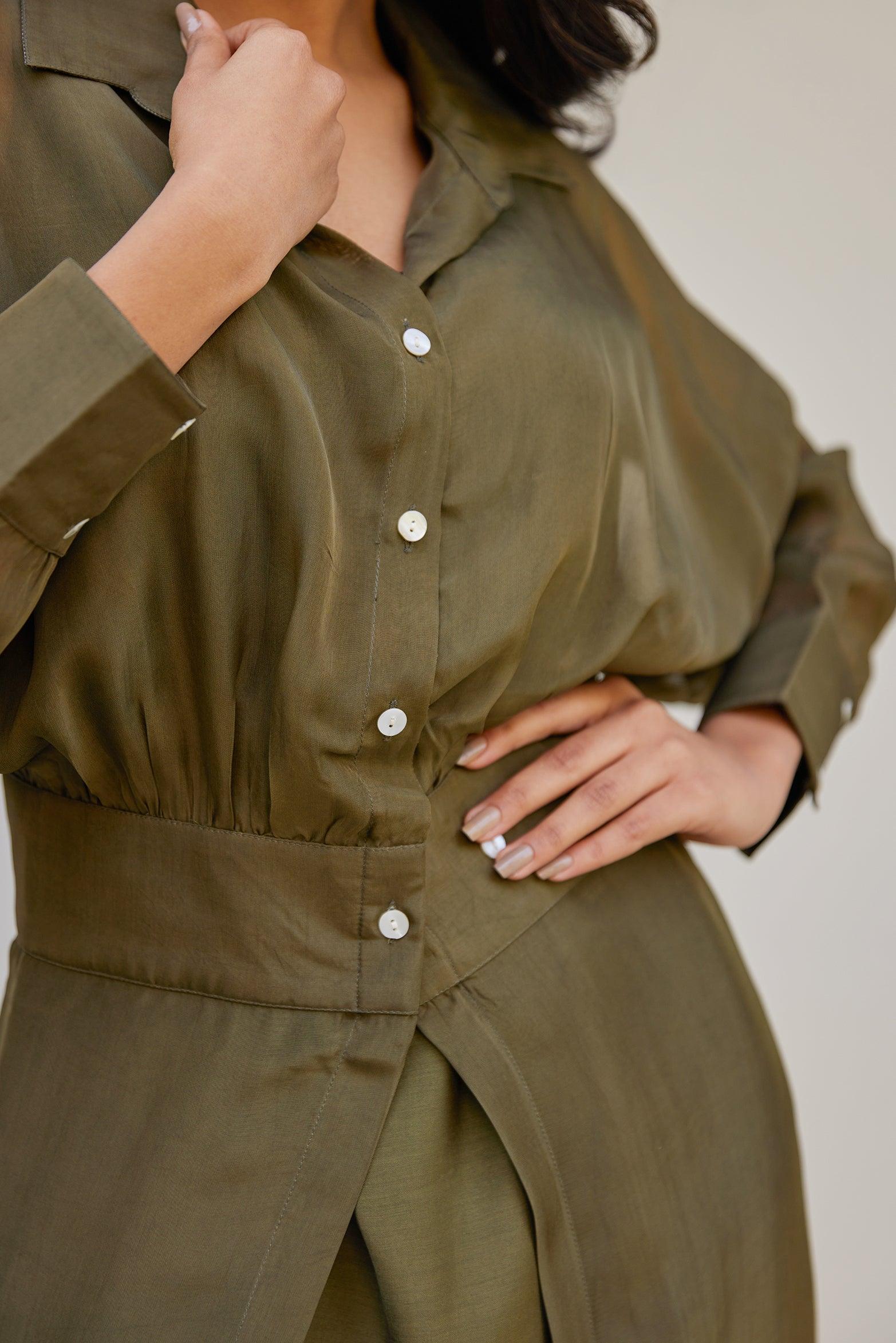 Olive Green Solid Organza Jacket Set (Set of Two)