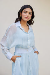 Blue Solid Organza Jacket Set (Set of Two)