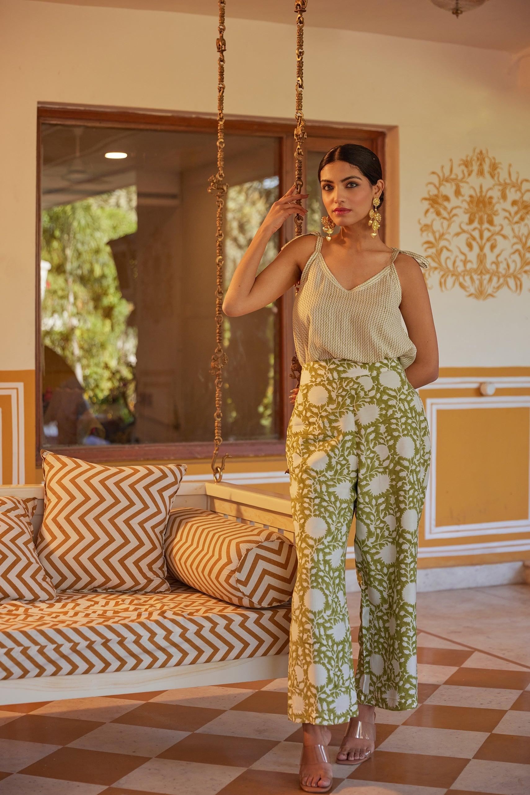 Green Floral Hand Block Printed Pant