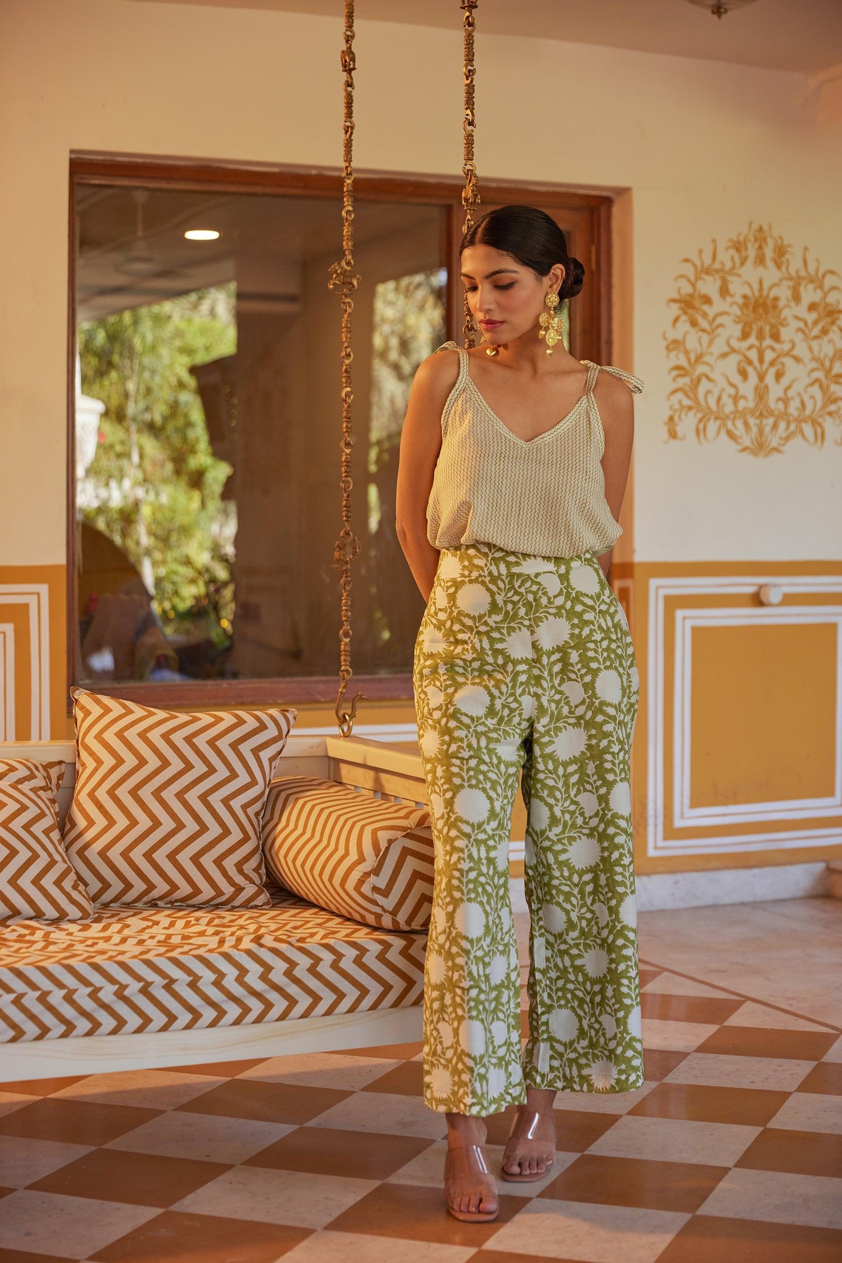 Green Floral Hand Block Printed Pant