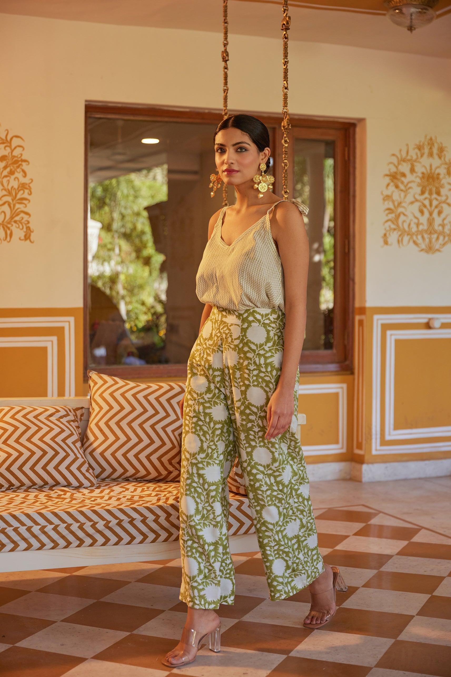 Green Floral Pants With Printed Top