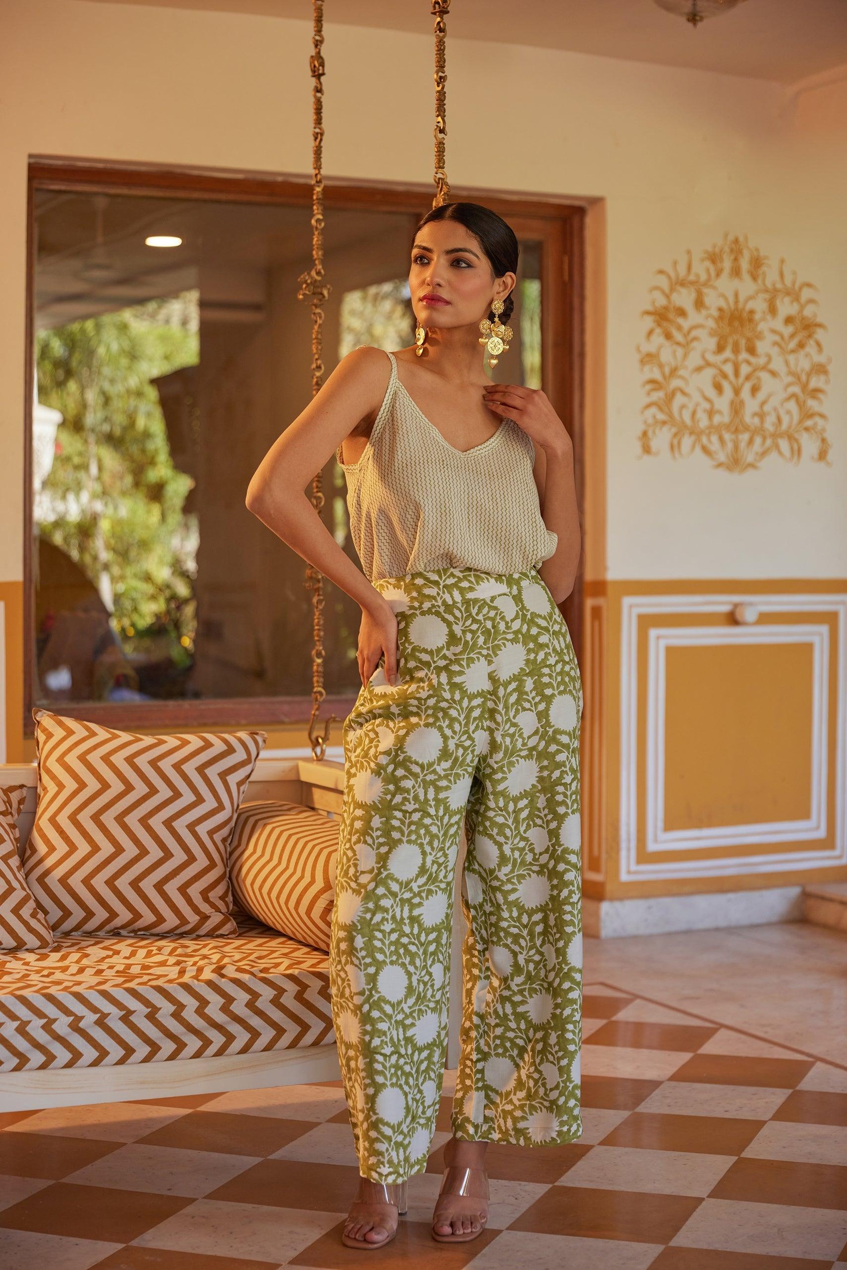 Green Floral Hand Block Printed Pant