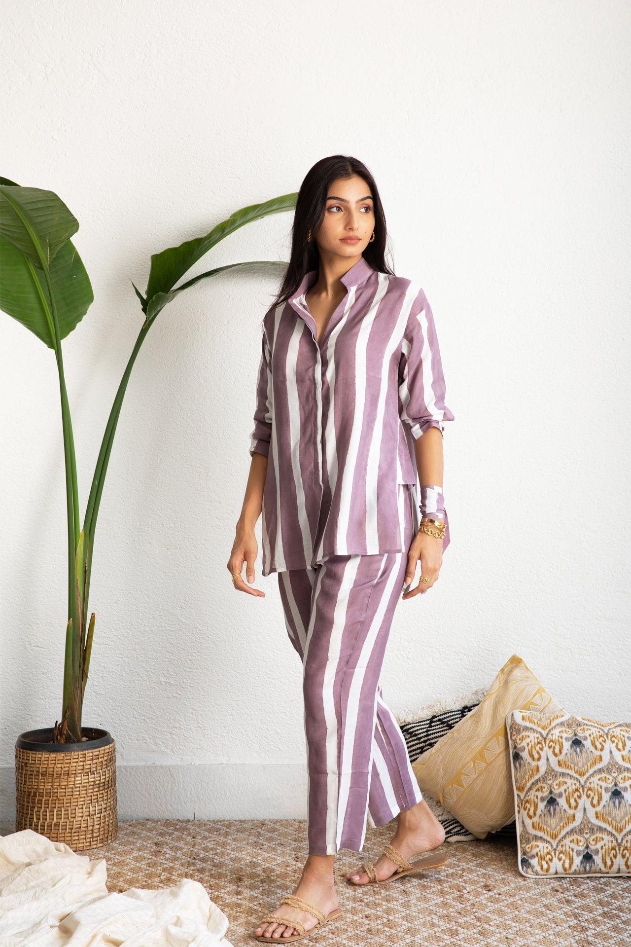 Purple Striped Muslin Co-ord Set (Set of Two)